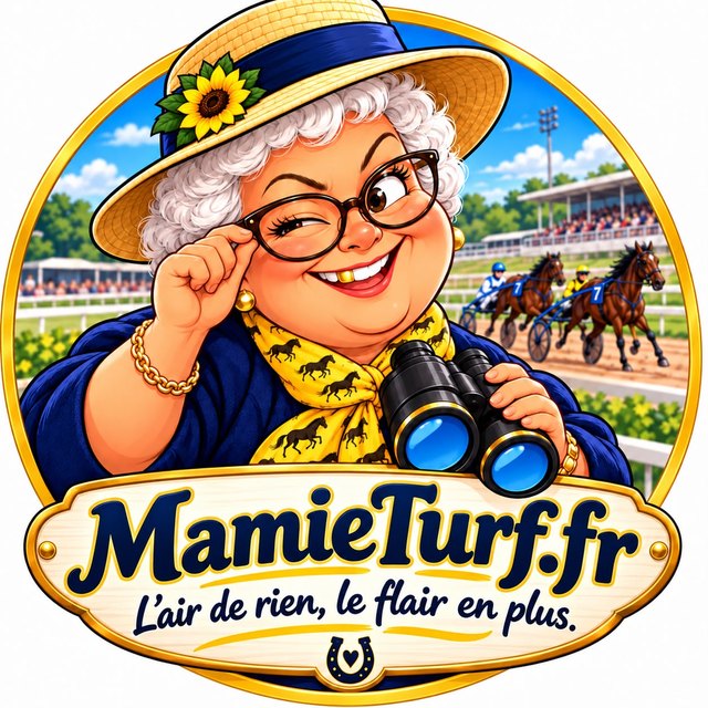 Mamie Turf, une grand-mère au chapeau de paille qui fait un clin d'œil, jumelles à la main, devant un champ de courses de trot